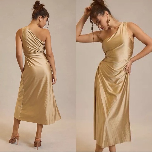 DELFI COLLECTIVE Anthropologie One Shoulder Pleated Satin Cocktail Dress Sz L - Picture 1 of 6